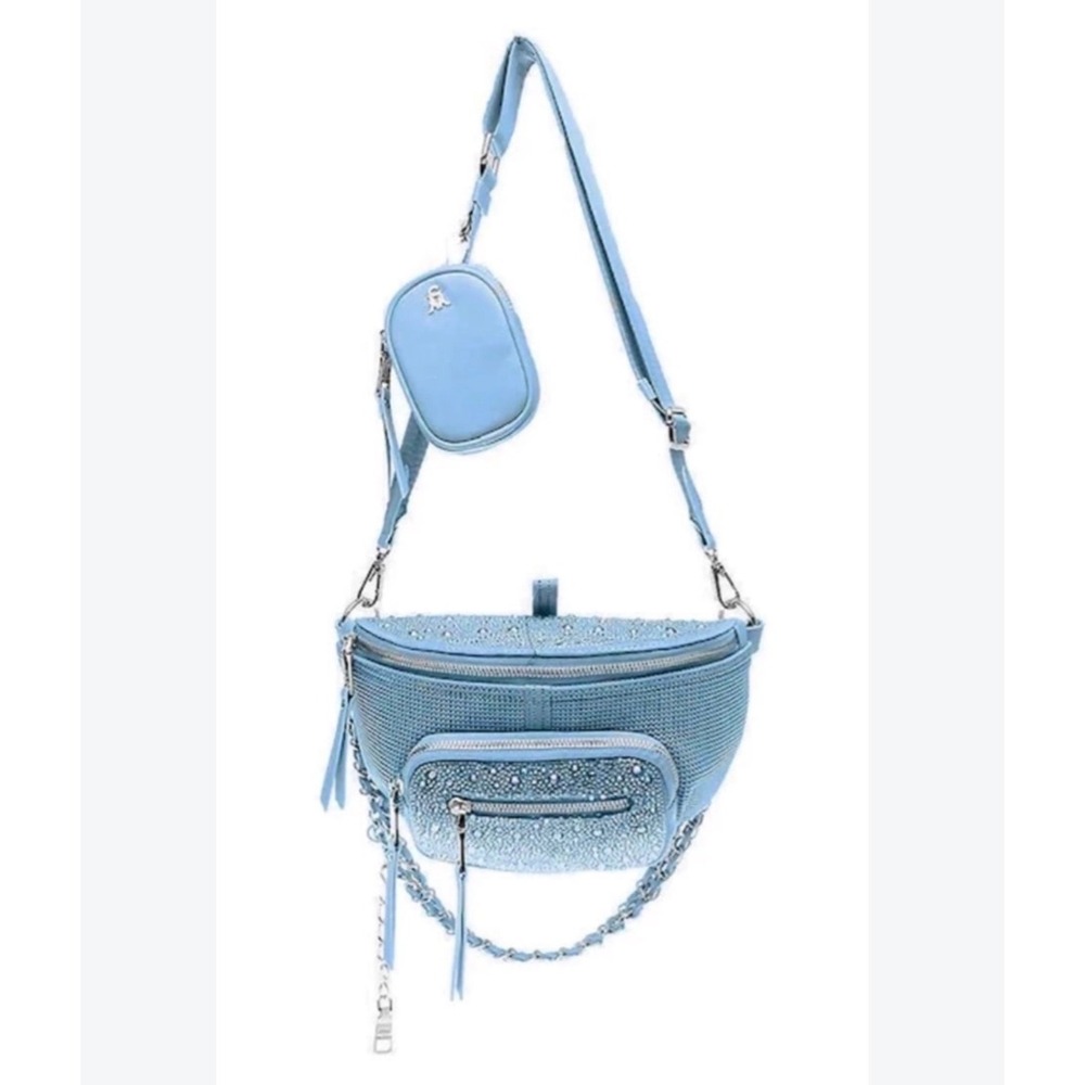 Steve Madden Maxima Rhinestone Belt Bag Light Blue Crossbody With Pouch glitter